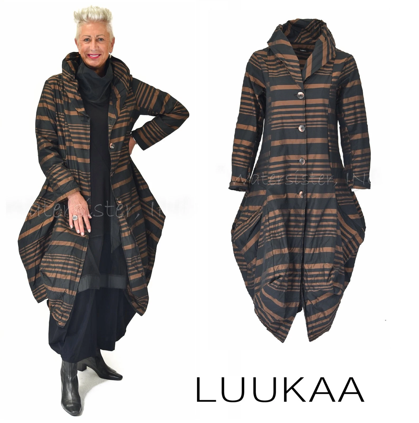 LUUKAA Taffeta 0309 PATRICE Parachute Bubble DUSTER Jacket sz 4-20 BROWN STRIPE