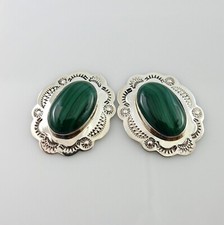 One of a Kind Handmade Navajo Sterling Silver Malachite Stamped Post Earrings