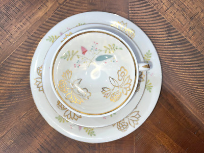 BAVARIA Winterling Trio Set Tea Cup Saucer Plate Gold Leaf & Red/Green Floral