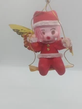 1972 Vintage Red Flocked Gold Foil Winged Angle On Swing Christmas Ornament