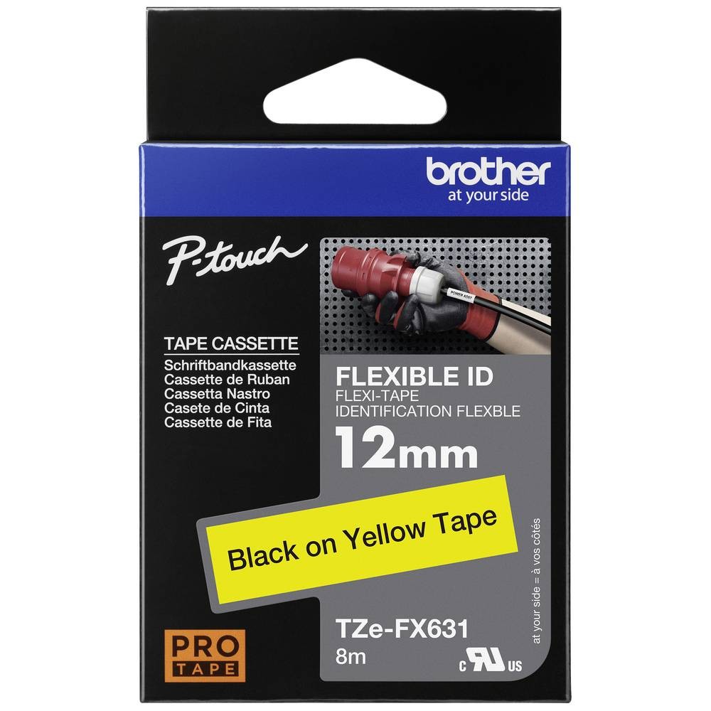 Ruban flexible Brother TZe-FX631 noir sur jaune 12 mm pour étiqueteuse