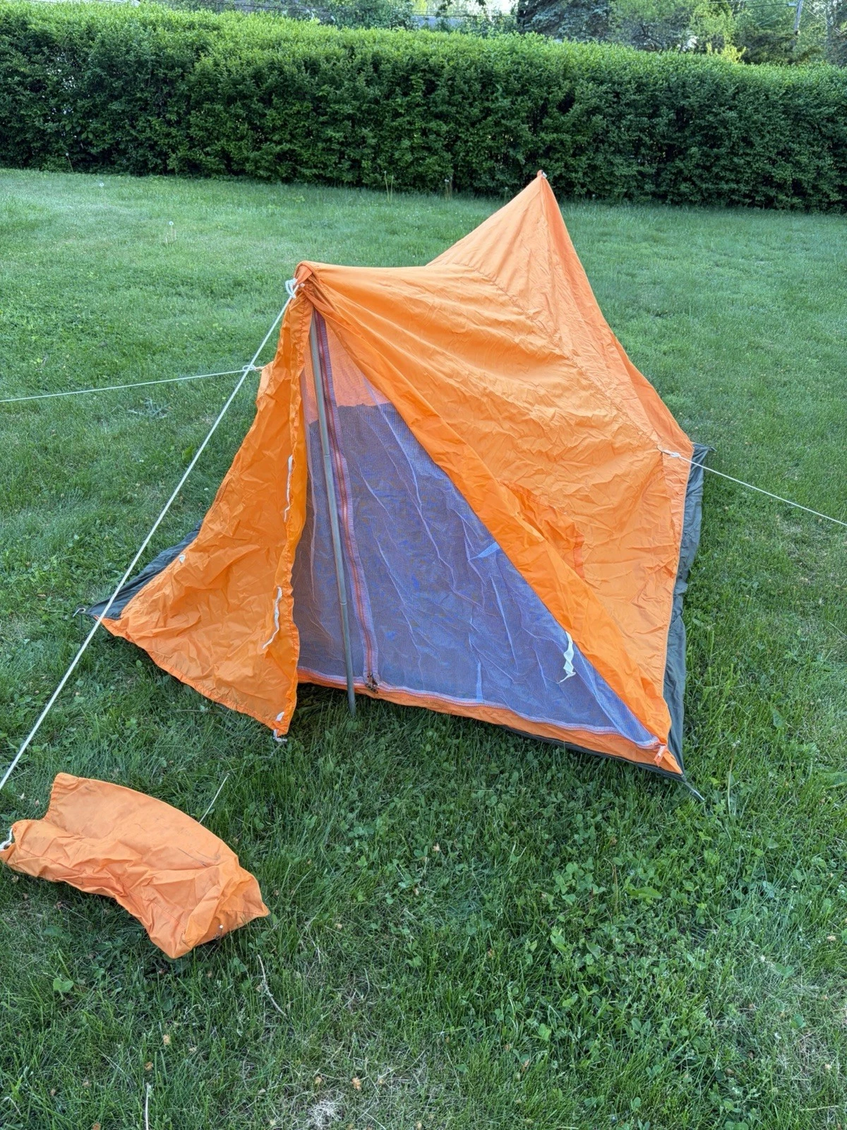 J Lee Vintage 1970’s Pup Tent 1-2 Person Nylon Orange Grey Poles Stakes Camping