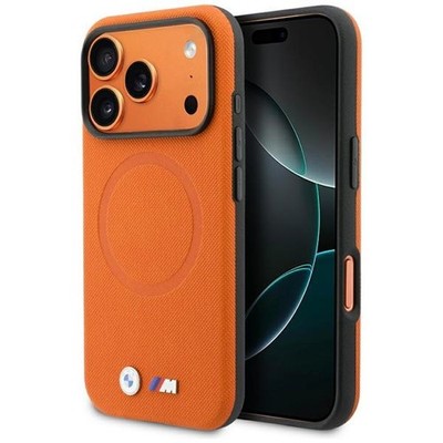 Case iPhone 17 Pro Max BMW MagSafe Kunstleder orange Logo Metall