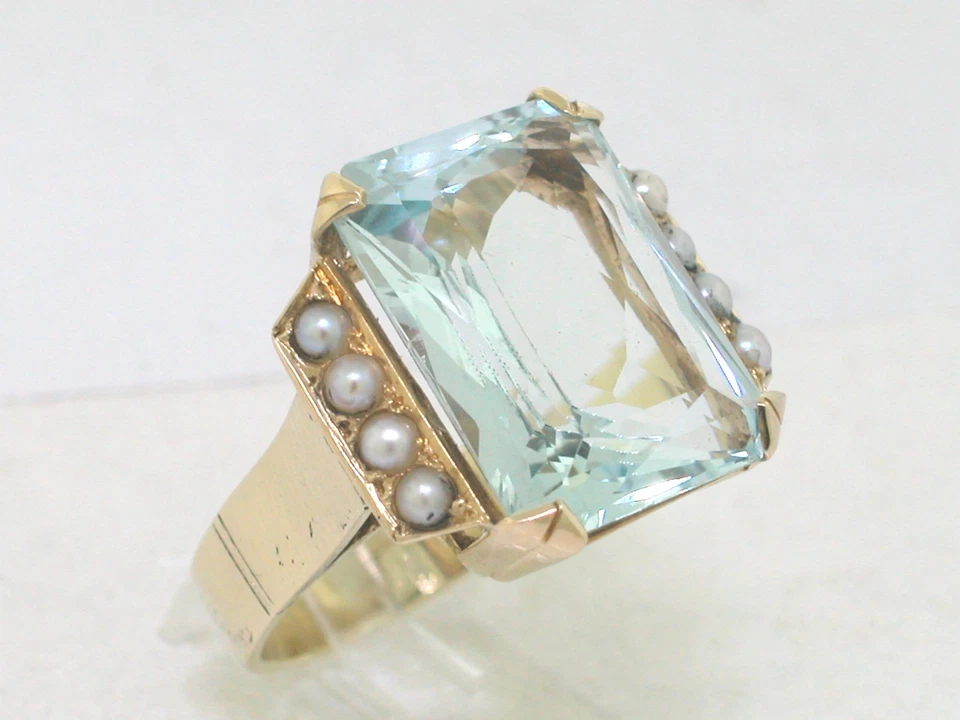 Vintage Aquamarin Ring 585 Gelbgold 14Kt Handarbeit Aquamarin 14,83ct 8 Perlen - Bild 2 von 4