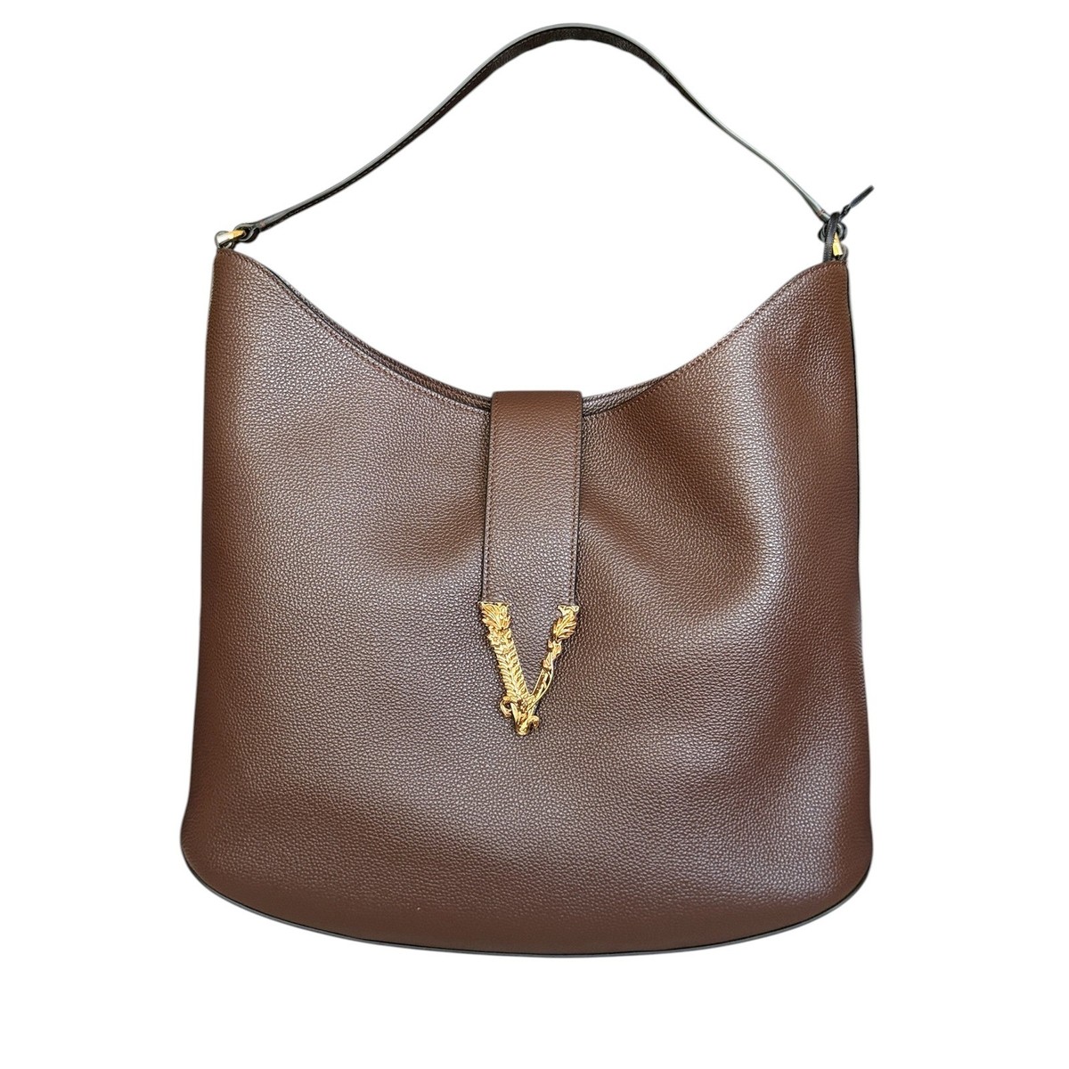 Versace Virtus Hobo Bag Brown Grained Leather Gold Barocco V Logo