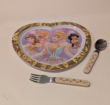 Disney Store Princess Kids Melamine Heart-Shaped Plate Belle Spoon Fork 3 Pcs
