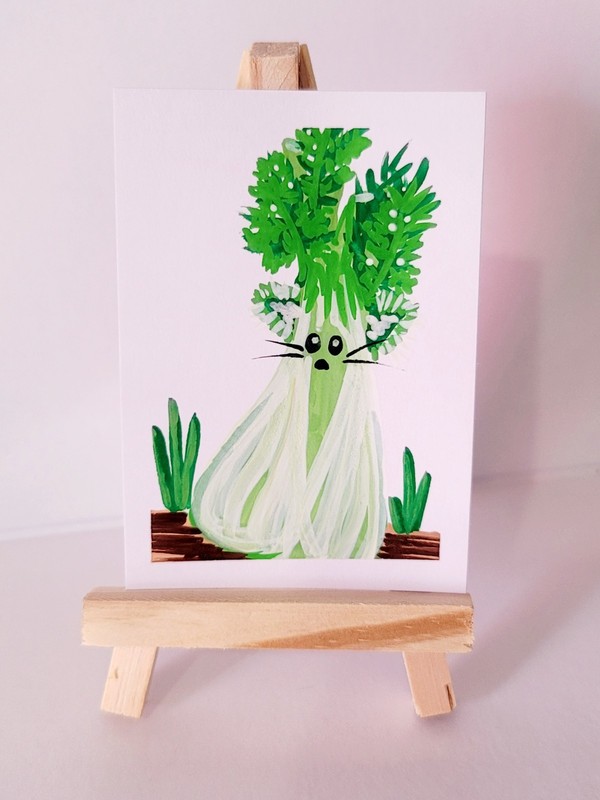 ACEO Original Vegetable Green Cat Celery Acrylic Painting ATC by LoveYourMail