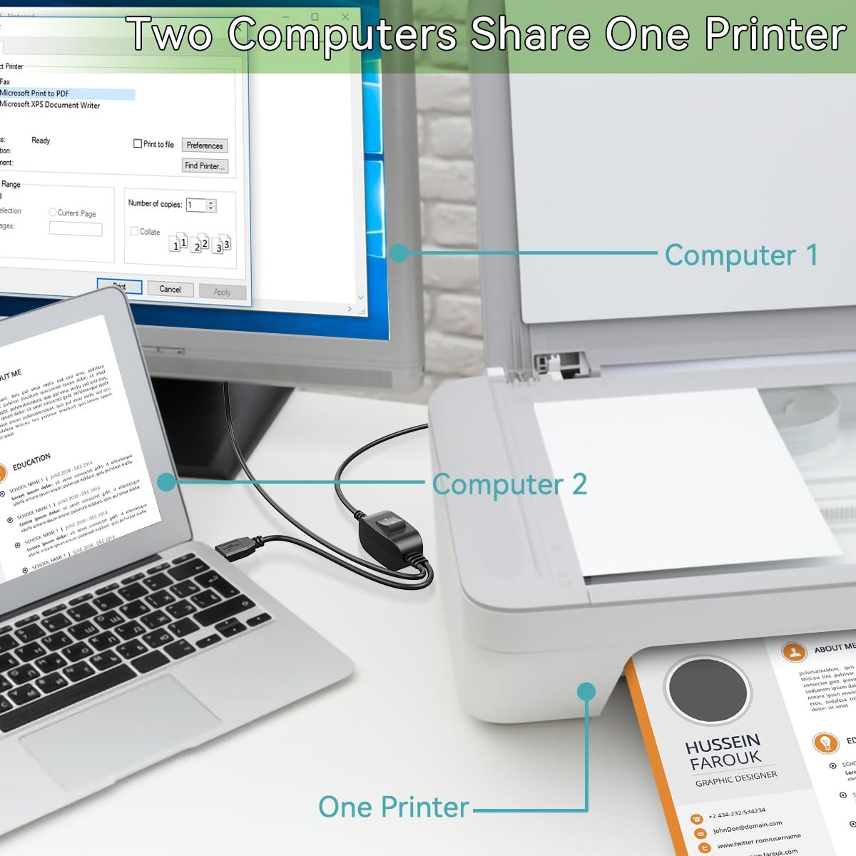 Printer Cable Splitter for Two Computers USB 1 in 2 Individual 