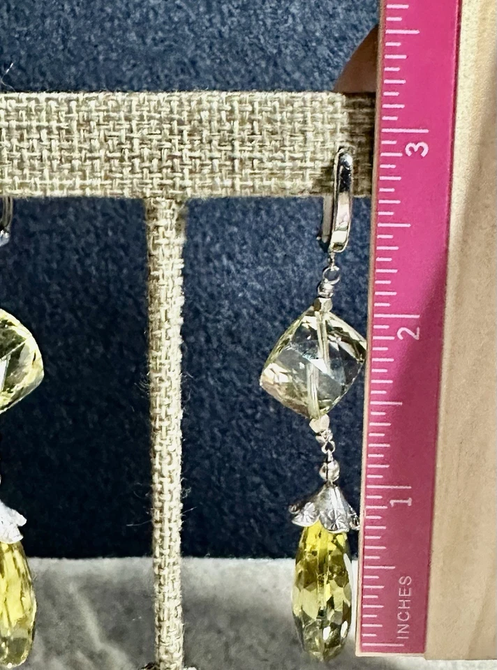 Lote #760 de brincos pendurados de 3 pol. ouro/prata 14K com alavanca de quartzo limão facetada - Imagem 4 de 4