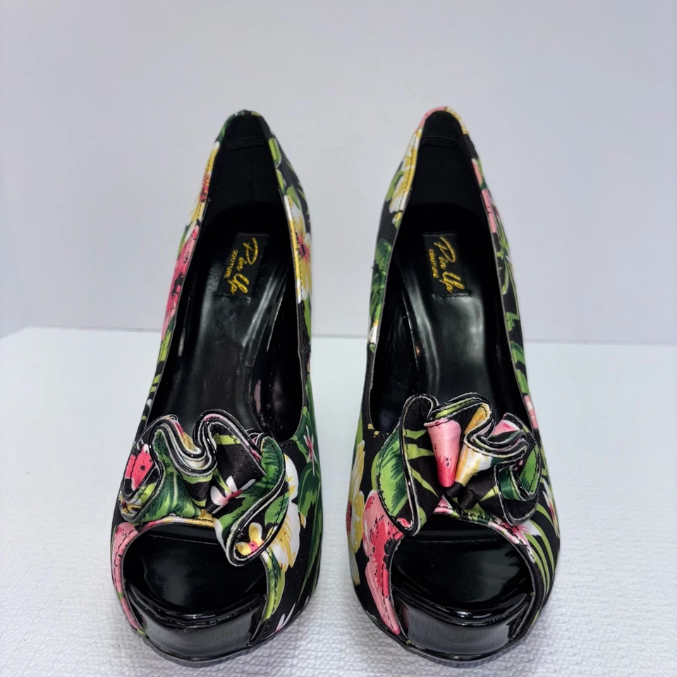Pin Up Couture Floral Heels Peep Toe Ruffle Stiletto Tropical Women's Size 10 - Image 2 of 4
