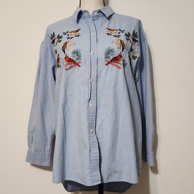 Vintage Casey Coleman Denim Cotton Long Sleeve top Embroidered Birds cardinal