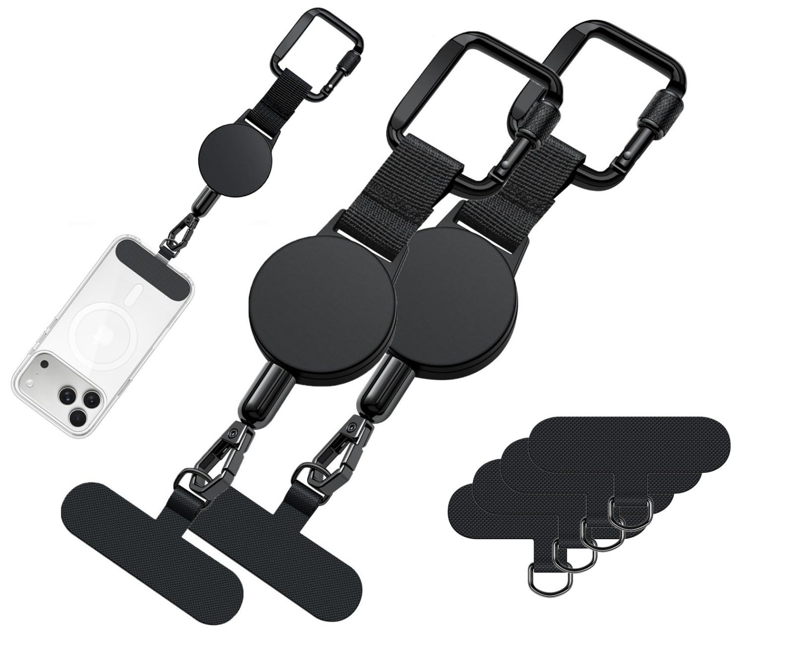 Lot de 2 attaches téléphone rétractables anti-vol noires avec 4 patchs de fixation