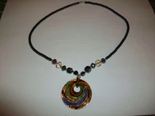 Murano-Style Art Glass Swirl Pendant On Hematite Necklace - NWOT