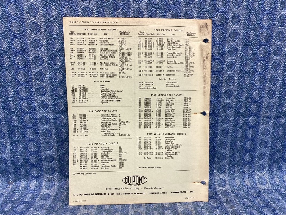 1952 DuPont Duco & Dulux Paint Color Codes GM Ford Mopar Kaiser Nash