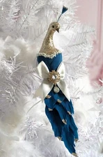 Shabby Victorian Chic Blue Peacock Rhinestone Brooch Bird Christmas Ornament