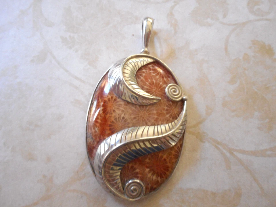 Colgante grande de plata de ley Sajen coral petrificado M59P2 Foto 4 de 4