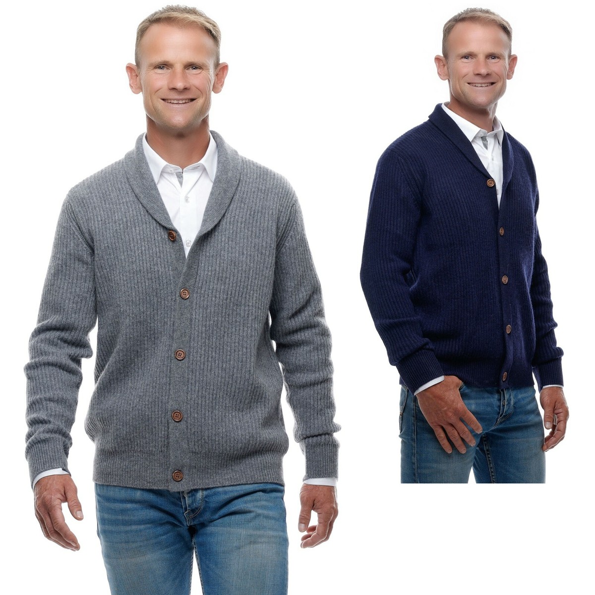 Ugholin Herren 100% Kaschmir Schalkragen Strickjacke Cardigan mit