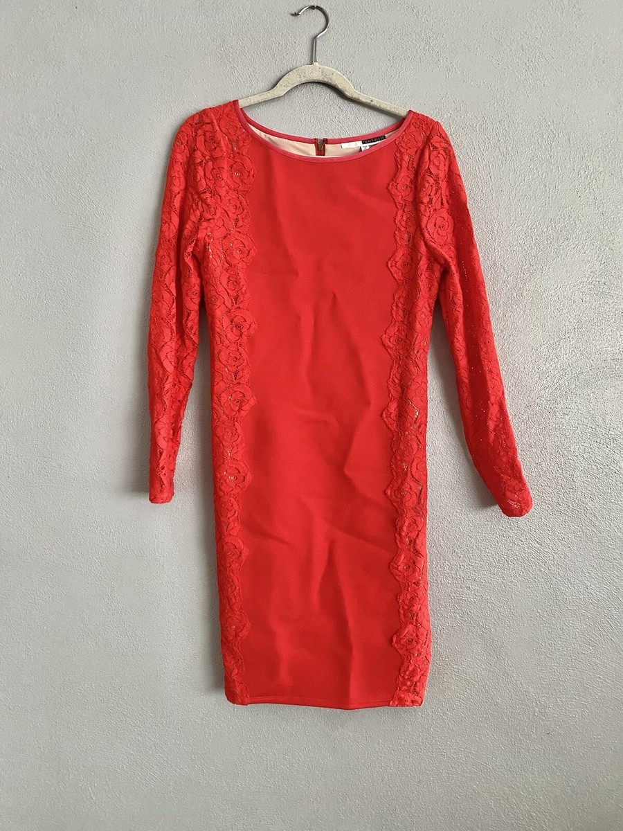 Tracy Reese Sheath Straight Dress Long Sleeve Red Lace Panels Size 10 Tracy Reese Sheath Straight Dress Long Sleeve Red Lace Panels Size 10