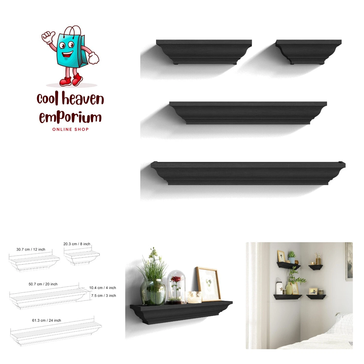 Black Floating Shelves, Solid Wood Storage Wall Shelves Set of 4 Display Ledg...