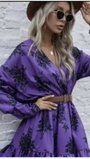 ZARA PURPLE SHORT FLORAL PRINT LOOSE-FITTING PLEATED DETAIL DRESS SIZE M BNWT