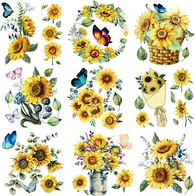 9 Sheets Sunflower Rub on Transfer for Furniture and Craft Spring Summer Vintage