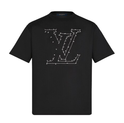 Louis Vuitton ロゴ刺繍 Tシャツ ブラック Louis Vuitton Short Sleeve Monogram Embroidered Black T-Shirt - E