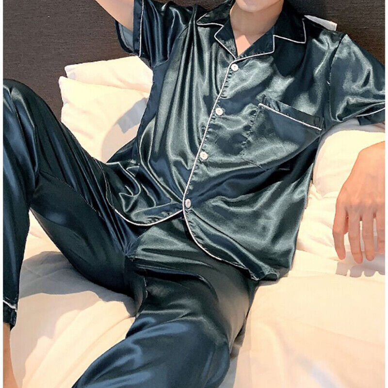 Men Pajamas Set Satin Top Pants Sleepwear Loungewear Indoor Home