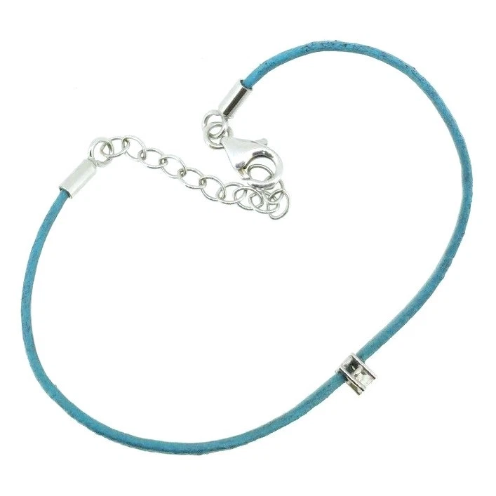 Solitaire Natural Diamond TCW 0.06 Turquoise Leather 18k White Gold Bracelet - Image 2 of 4