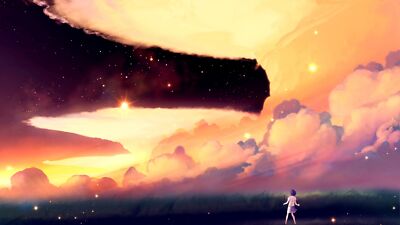 Anime girls  clouds field sky stars anime looking into playmat gaming mat