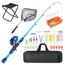 Kids Fishing Rod And Reel Combo With Collapsible Fishing Stool Landing Net N0H1