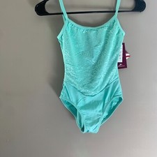 motionwear leotard- teal-lace top v-point- adult petite