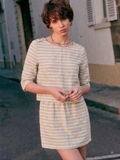 Sezane Cream and White Striped Mini Dress with Button-Shoulder