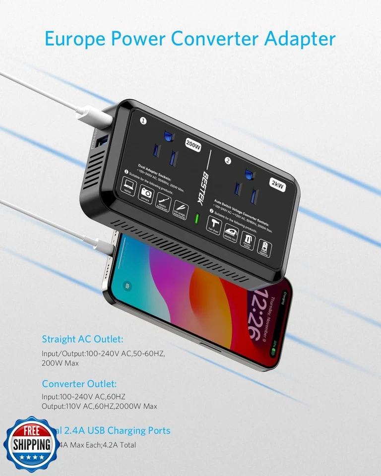 European Travel Plug Adapter 220V to 110V Voltage Converter US to Europe 2000 - Image 2 of 4