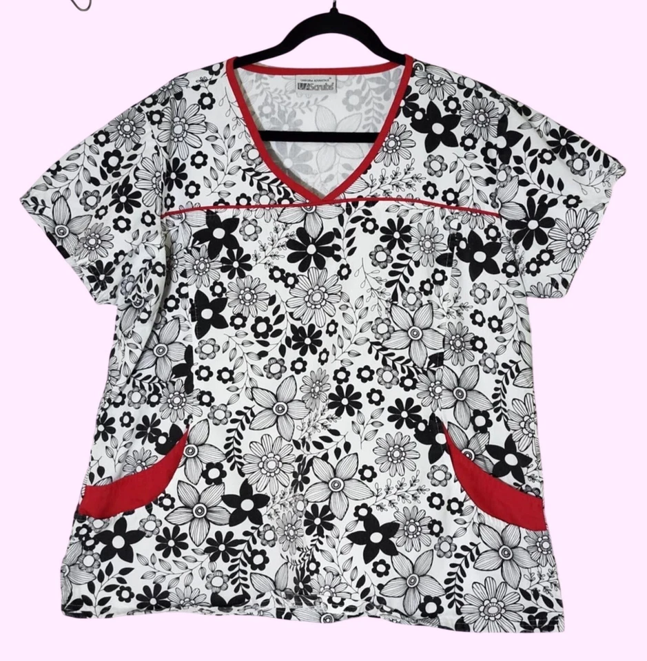 Floral & Abstract Print Womens Scrub Tops Lot Of 3 Pockets Cotton Blend Size M - Image 2 of 4