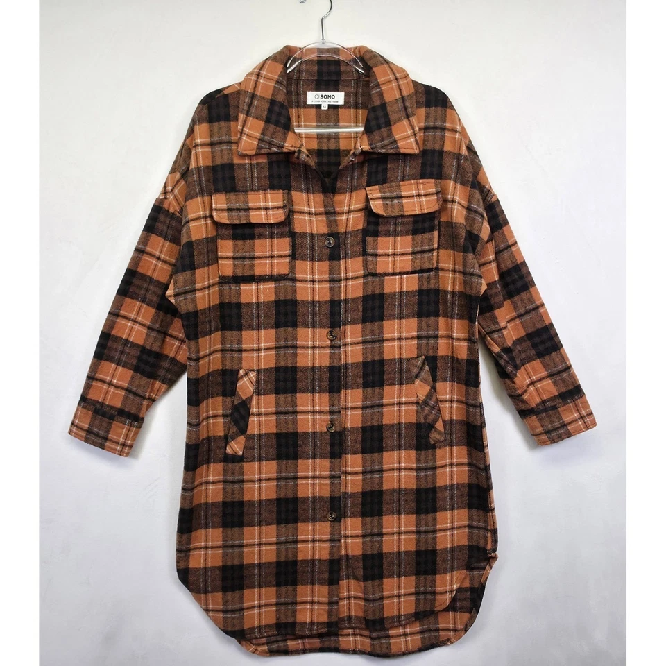 Ci Sono Shirt Dress Womens M Orange Black Flannel Plaid Rustic Cabincore Tunic - Image 3 of 4