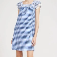 J. McLaughlin Size Medium Dress Linen Blue White Gingham Eyelet Pockets Shift