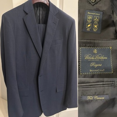 Brooks Brothers Navy Blue Pinstripe Regent Suit 44L Brookscool Wool Full Canvas