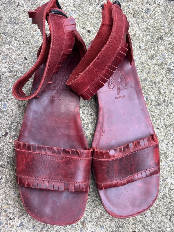 Fly London MEXU914FLY Bridle Red Leather Fringe Ankle Strap Sandal EUC EUR 41
