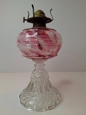 RARE Cranberry Opalescent Swirl Kerosene Lamp Northwood Antique EAPG