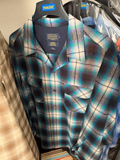 Pendleton Men s L Blue Green Plaid Wool Flannel Button-Up Shirt Pockets
