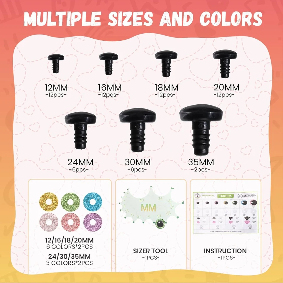 160 piezas Ojos de seguridad para ganchillo 12-35 mm 3D Luna Seguridad Ojos y narices para Foto 2 de 4