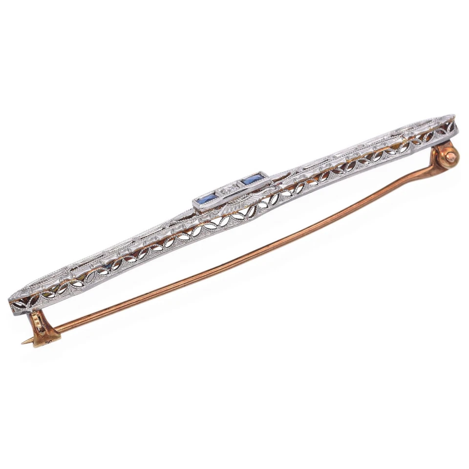 Broche barra Art Deco platino y oro 14k zafiro y diamante Foto 4 de 4
