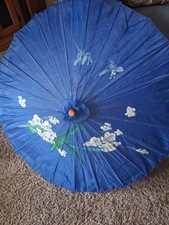 Japanese Hand Painted Fabric Umbrella/Parasol, Bamboo Handle, 22" Long, 33" Wide