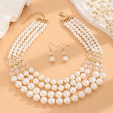 Women Multi-Layer Handmade Imitation Pearl Crystal Beaded Necklace Earring Set