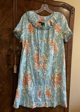 Vtg KOMAR Mod House Dress Robe Coat Retro Aqua floral Granny Core 70s/80s USA
