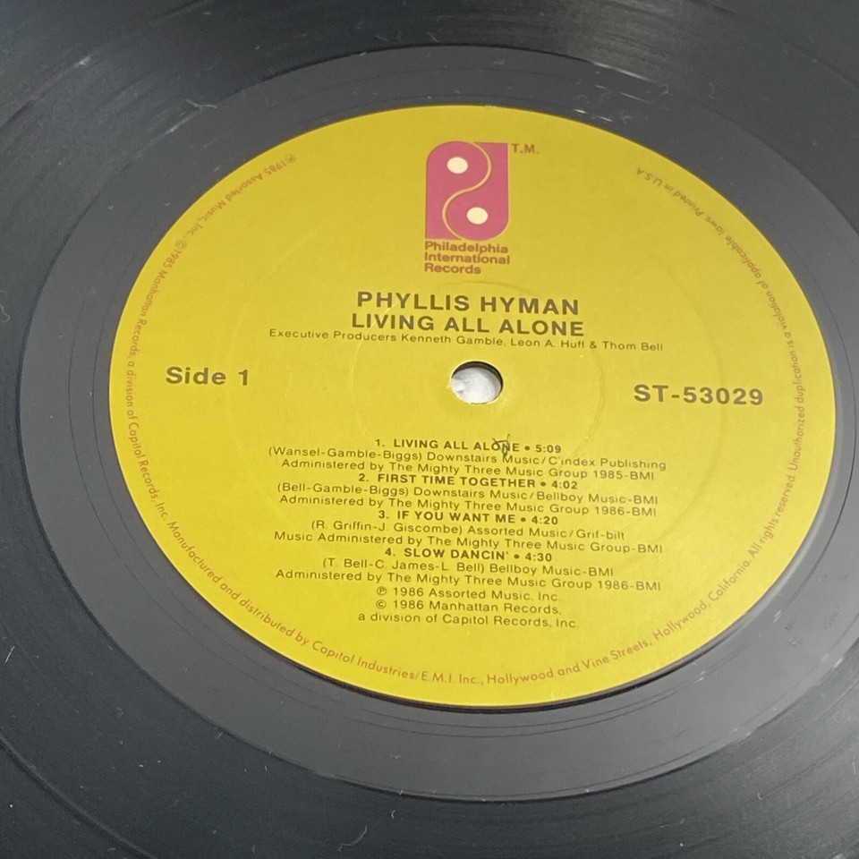PHYLLIS HYMAN LIVING ALL ALONE 1986 PHILADELPHIA INTL RECORDS LP VINYL