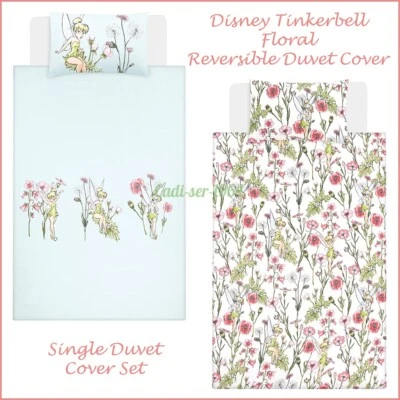 Disney Tinkerbell Floral Reversible SINGLE Duvet Cover Set Children's Bedding - Image 1 of 4
