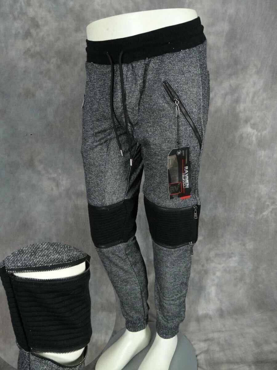 MOTO Sweatpants Jogger Mens Fleece Pants ZIP Open Knee Elastic 4