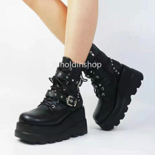 Womens Goth Biker Punk Ankle Boots Lace Up Platform Pumps High Wedge Heels Shoes