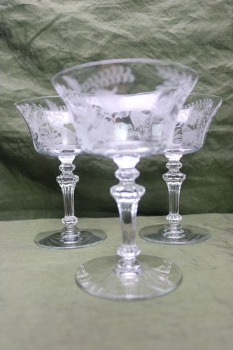 Fuchsia Tiffin Etched 3 Champagne Tall Sherbet Glasses 5 3/8 " Optic Clear - Picture 2 of 5